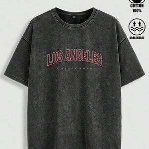 Men Vintage Oversized Black Marled Los Angeles Letter Graphic T-Shirt